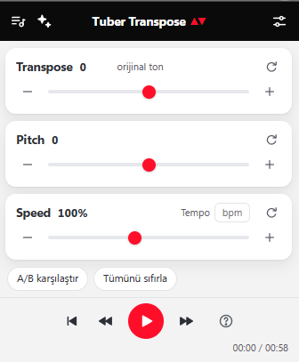Tuber Transpose ton, pitch ve hız kontrolü